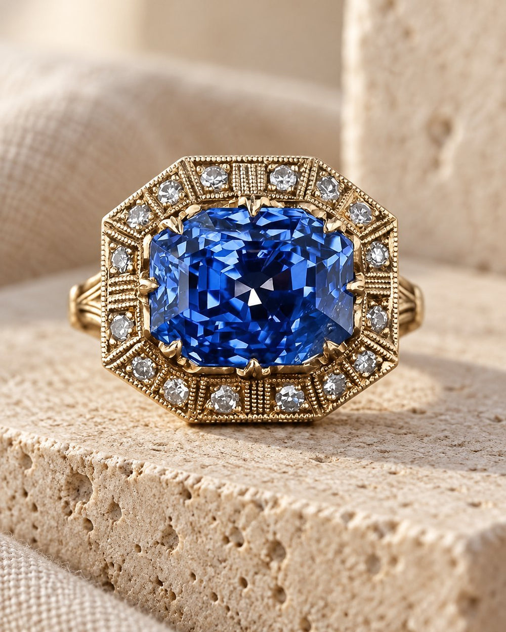 Octagon halo ring with a blue center stone on a travertine block