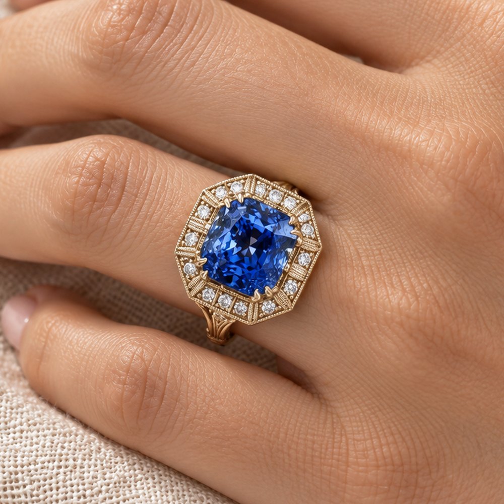 Octagon halo ring with a blue center stone, worn on a woman's finger