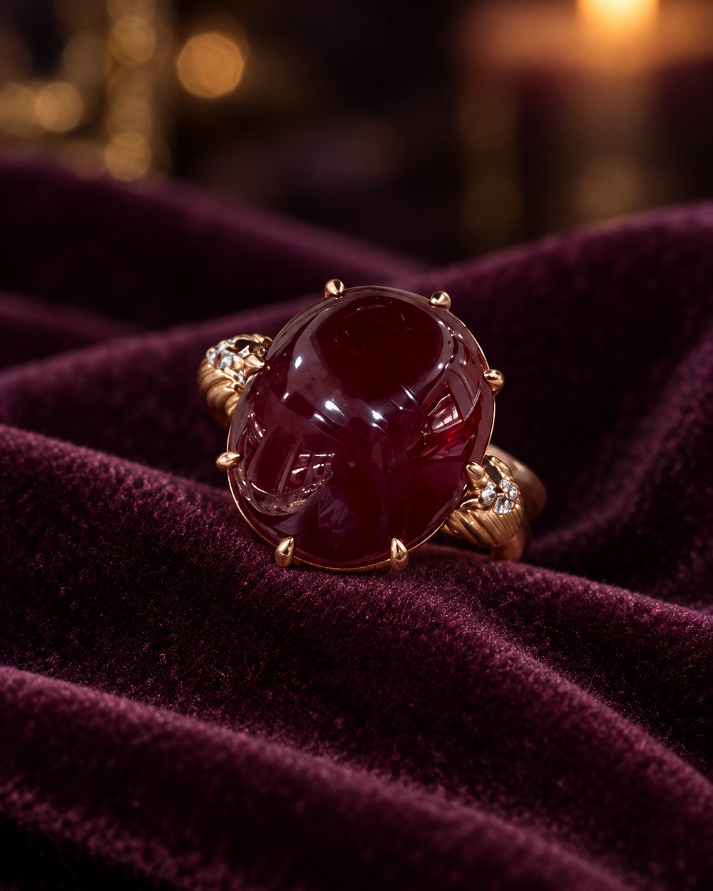 Carved oval simulated-ruby ring resting in a fold of velvet