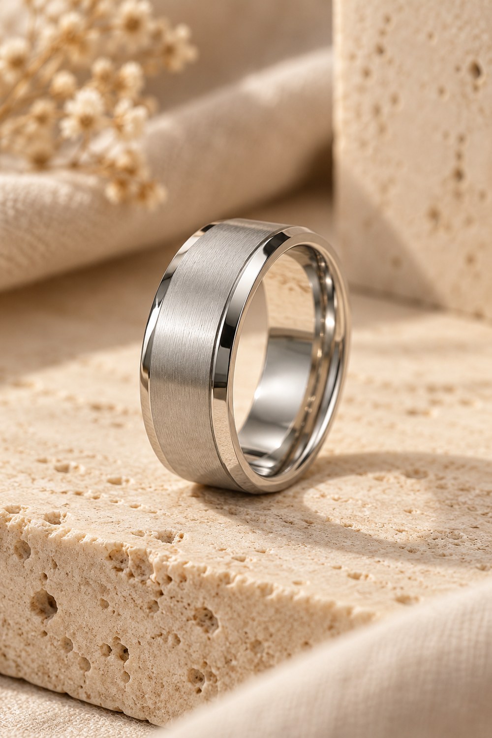 Brushed stainless steel band with polished edges on travertine