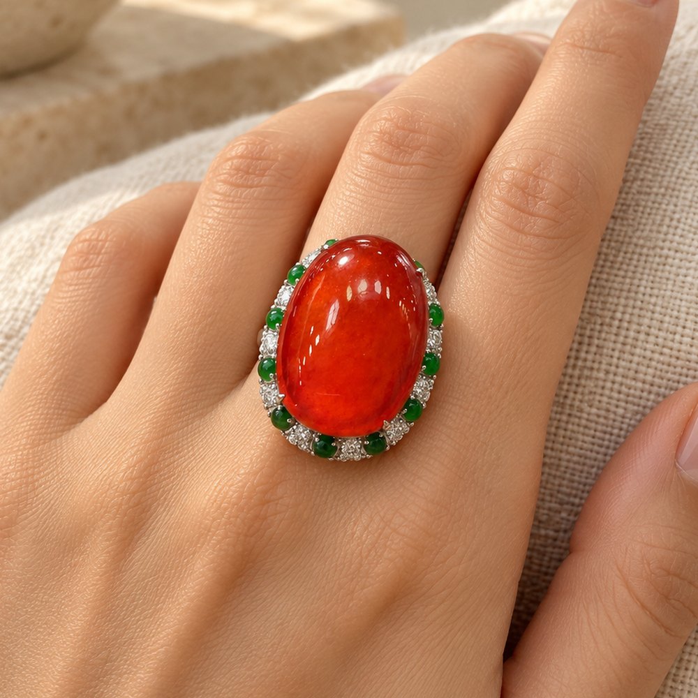 Red Chalcedony Oval Ring worn on a woman's finger