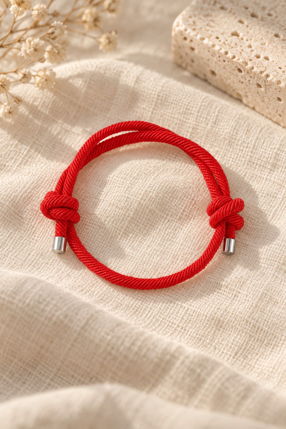 Red cord bracelet with sliding knots on cream linen