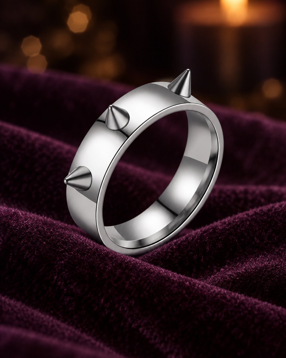 Silver stainless steel spike ring standing upright in velvet