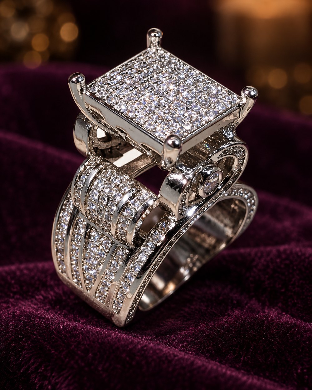 Square cubic zirconia pavé statement ring standing on velvet
