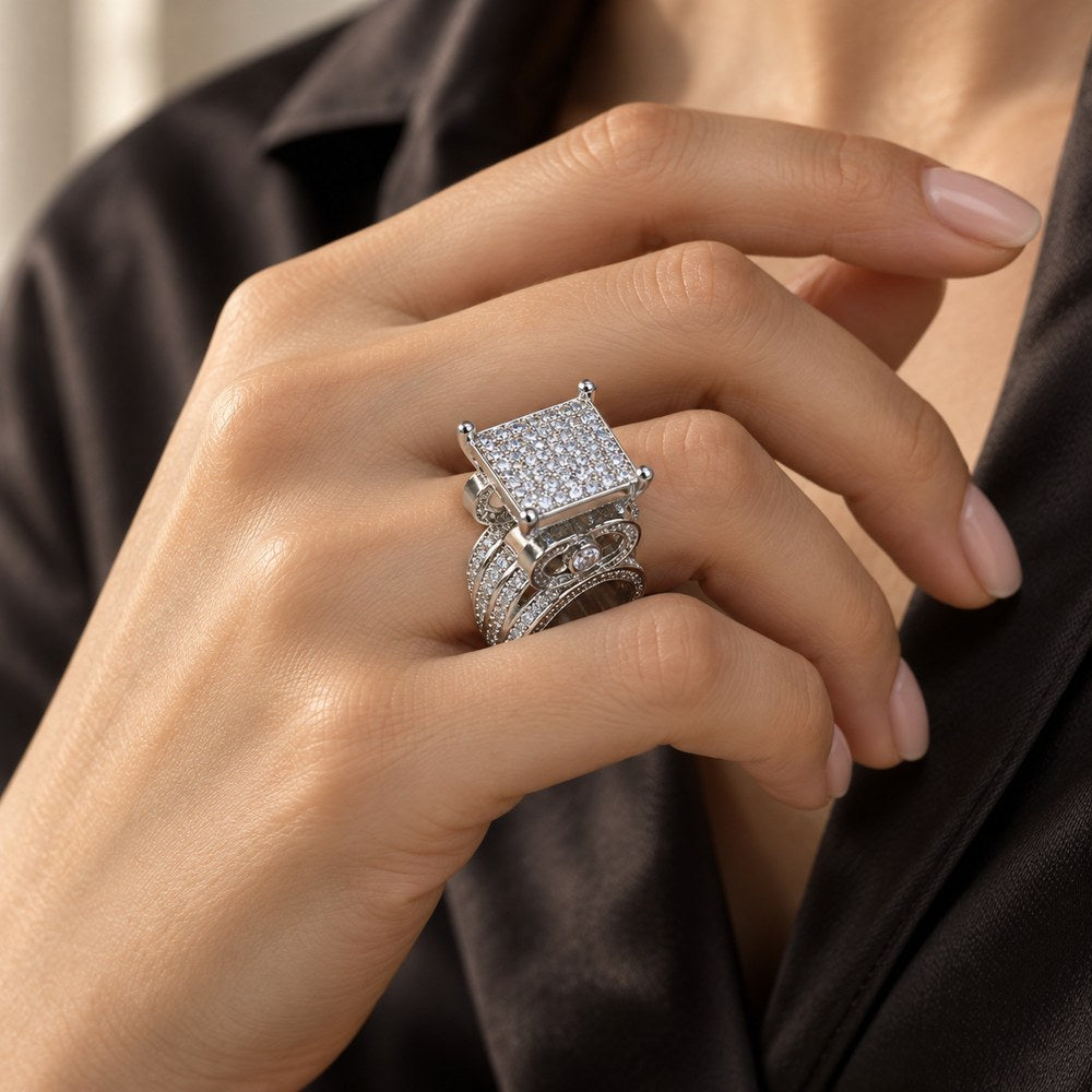 Square Pavé Statement Ring worn on a woman's ring finger