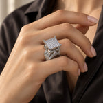 Square Pavé Statement Ring worn on a woman's ring finger