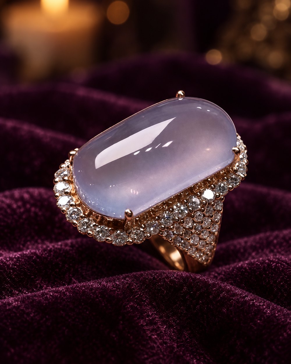 Taro Purple Amethyst Ring with a halo of clear stones on plum velvet