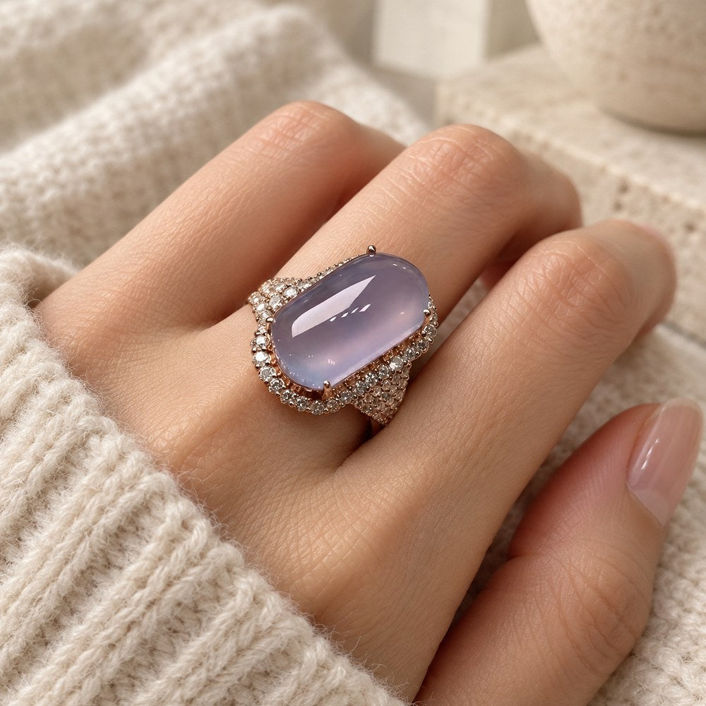 Taro Purple Amethyst Ring worn on a woman's finger