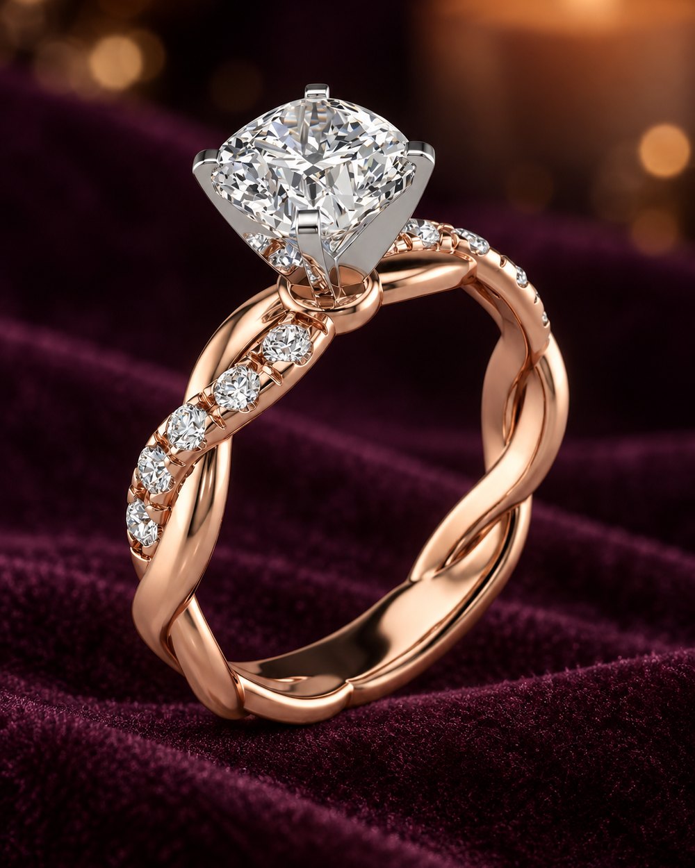 Twisted band solitaire ring with a cubic zirconia centre on plum velvet