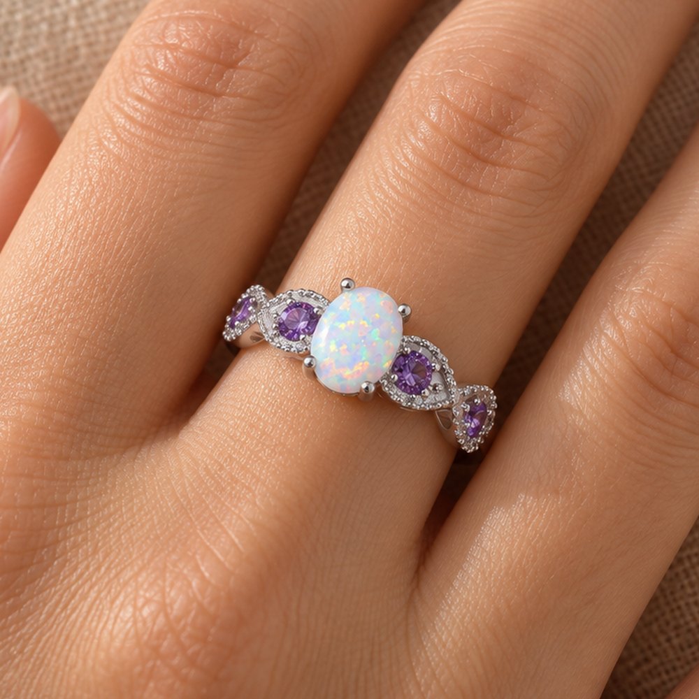 White Fire Opal Amethyst Ring worn on a woman's finger