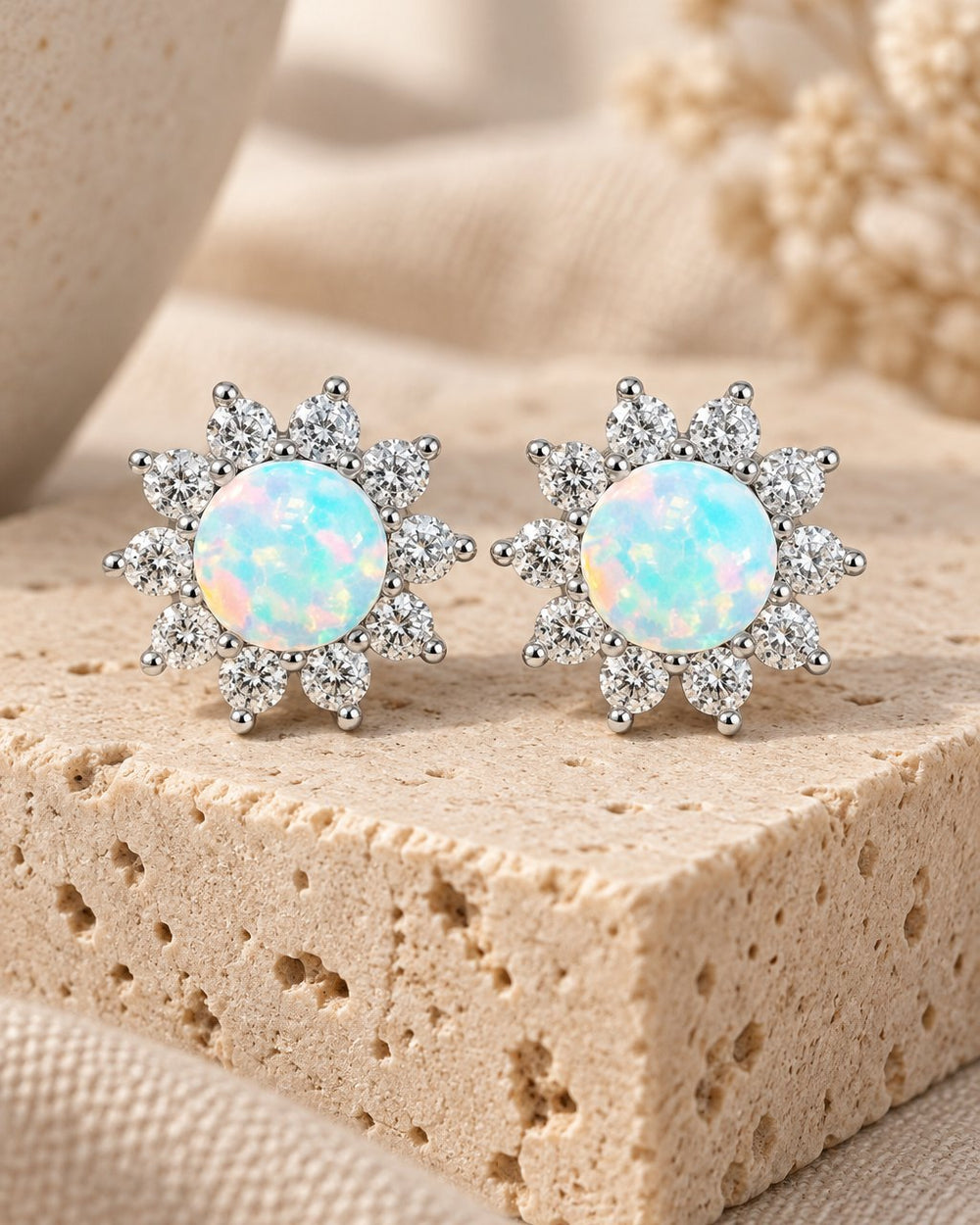 Pair of White Fire Opal Stud Earrings on a travertine block