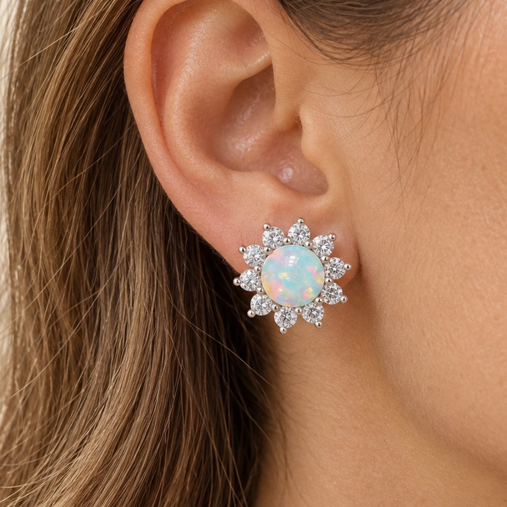White Fire Opal Stud Earring worn, side view