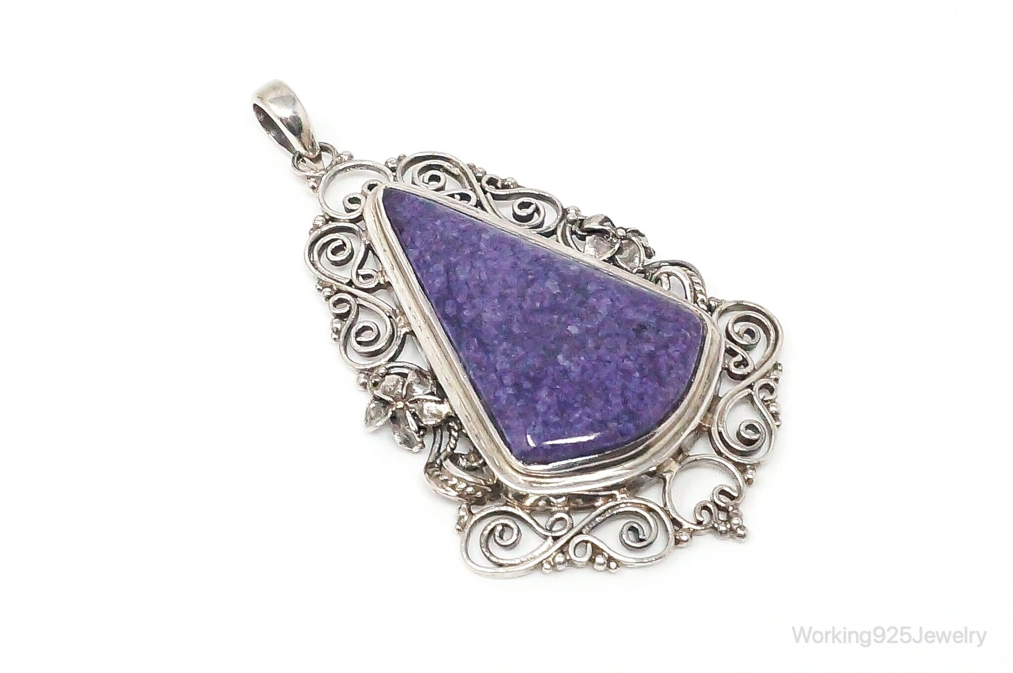 Vintage Purple Charoite Sterling Silver Floral Scroll Statement Necklace PendantJewelry > Necklaces > Pendants