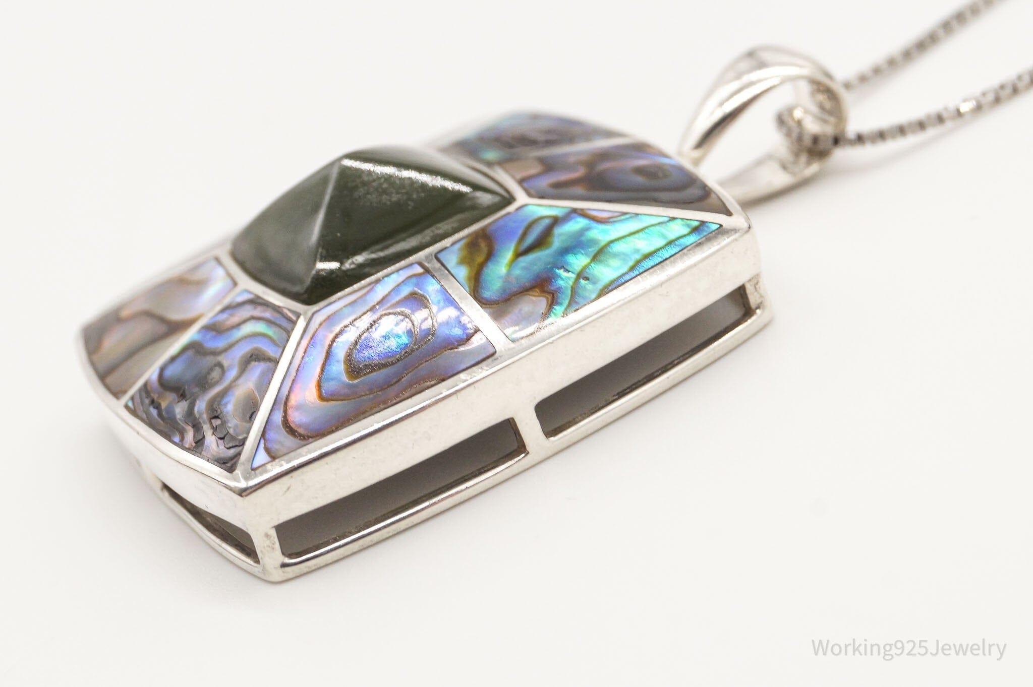 Vintage Paua Abalone Shell Green Stone Sterling Silver NecklaceJewelry > Necklaces > Pendants