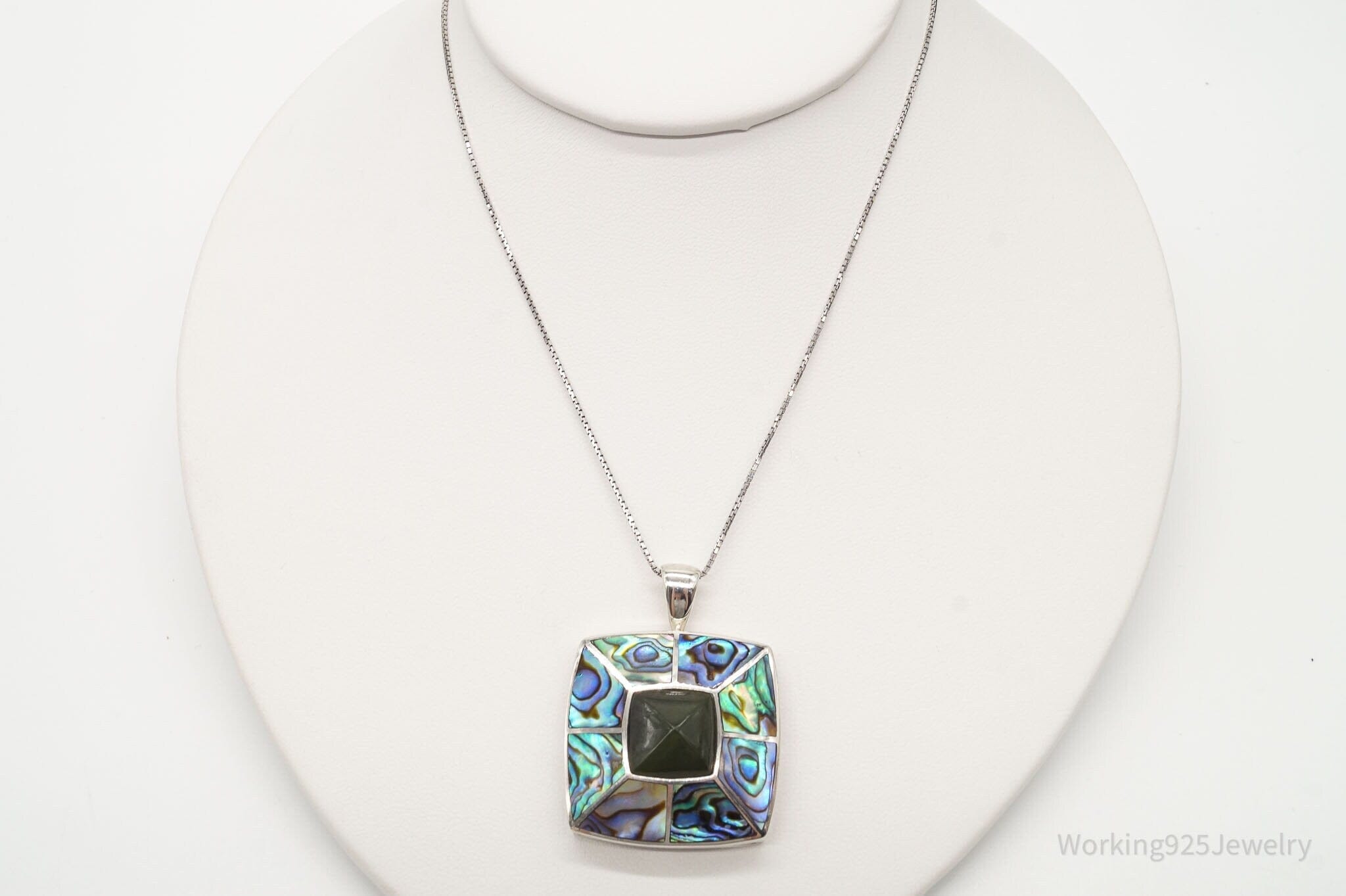 Vintage Paua Abalone Shell Green Stone Sterling Silver NecklaceJewelry > Necklaces > Pendants