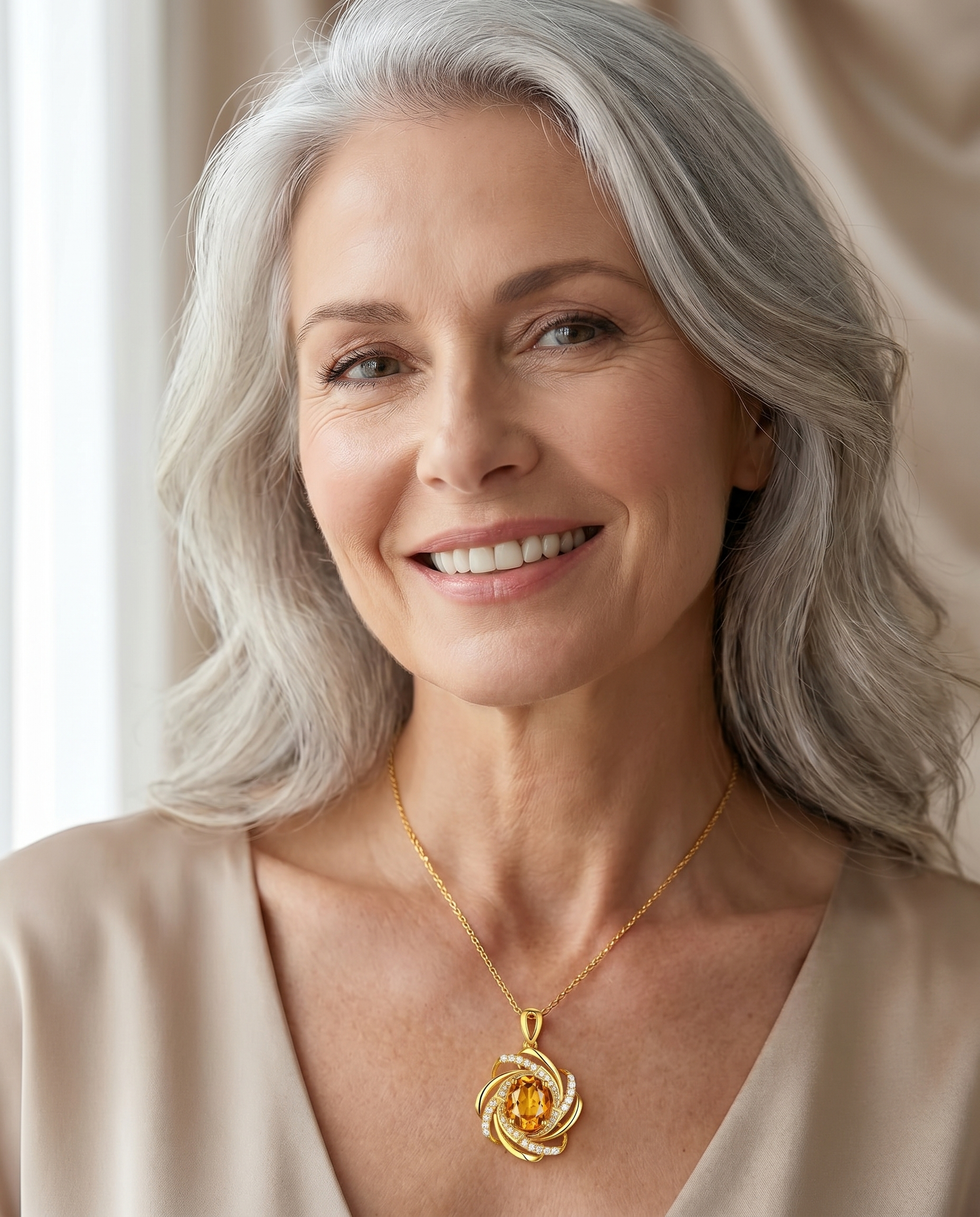Elegant woman wearing the Citrine Pendant Necklace - AtPerry's