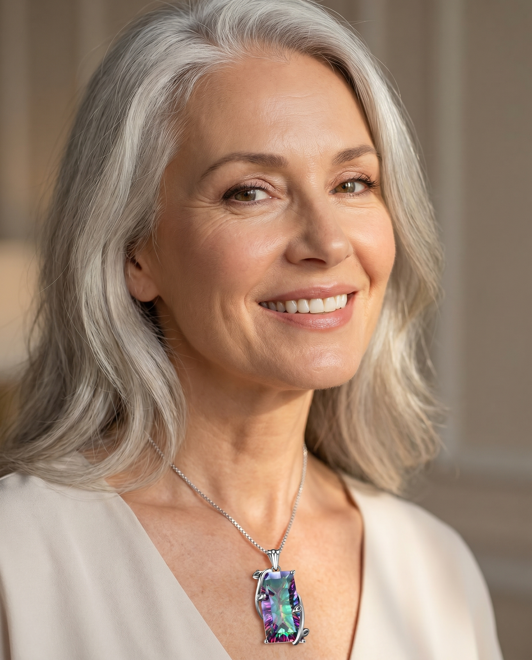 Elegant woman wearing the Rainbow Mystic Topaz Pendant - AtPerry's