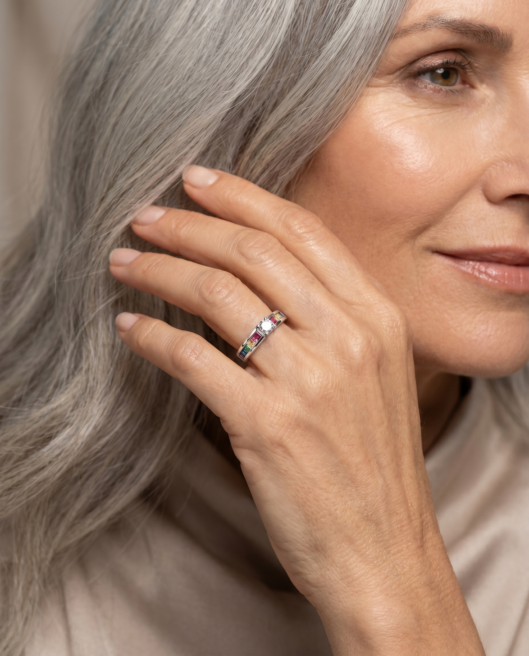 Elegant woman wearing the Rainbow Promise Ring - AtPerry's