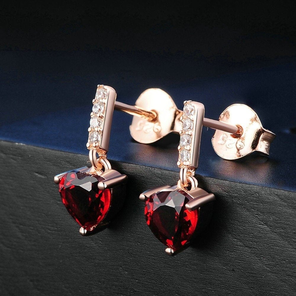 18K Rose Gold Plated Heart Garnet Earrings - 925 Sterling SilverEarrings