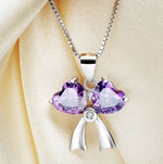 Authentic 925 Sterling Silver Natural Amethyst Crystal Crown Heart Link Chain Pendant NecklacesNecklace
