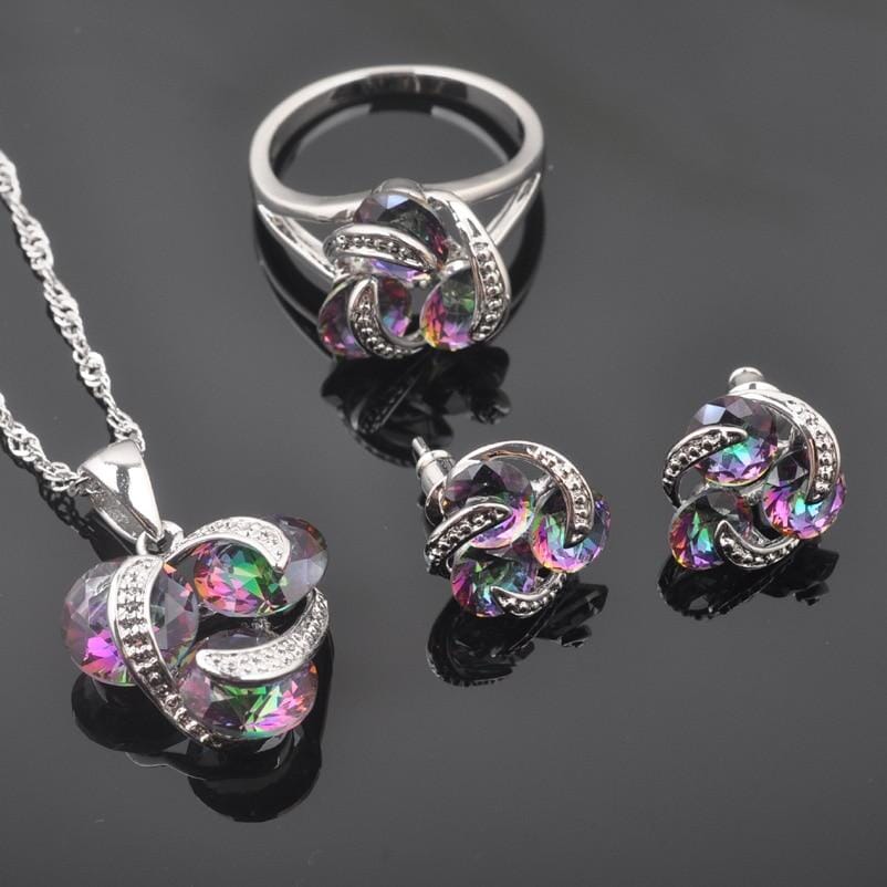 Rainbow Fire Mystic Topaz Crystal Ring, Earrings And Necklace SetEarrings