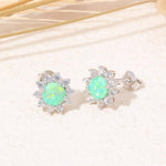 Green & White Round Fire Opal Sunflower Stud Earrings - 925 Sterling SilverEarrings