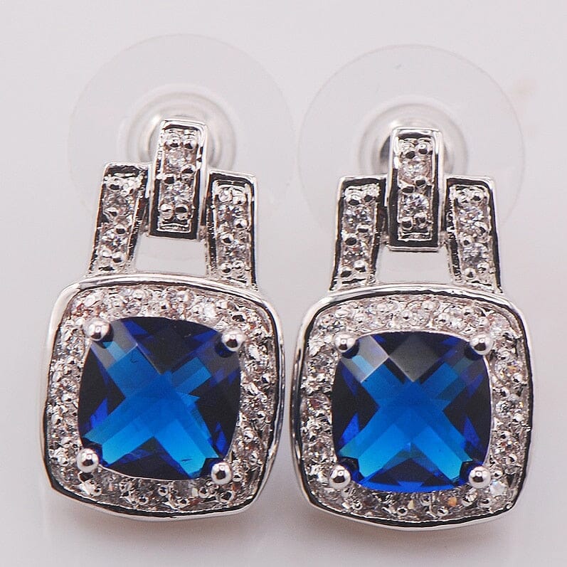Square Elegant Blue CZ Sapphire Earrings - 925 Sterling SilverEarrings