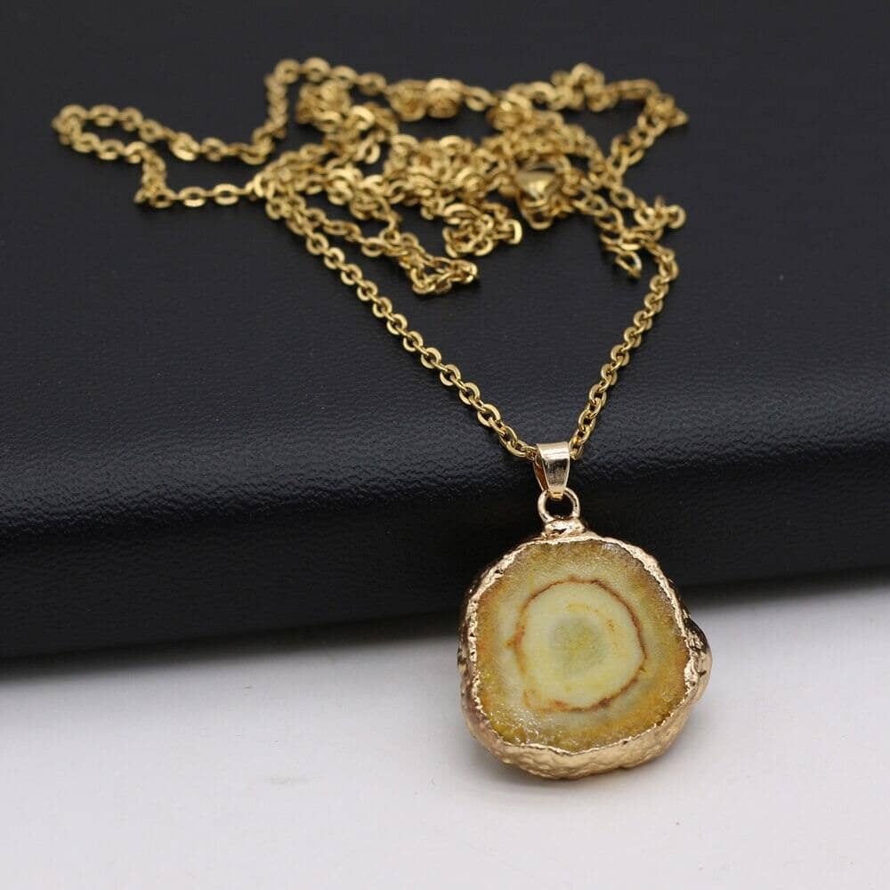 Fashion Natural Slice Druzy Pendant Necklace Gold Color ChainNecklace