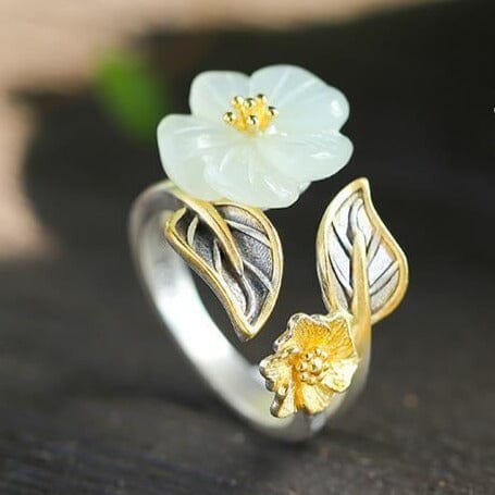 White Hetian Jade Flower Ring - 925 Sterling SilverRing