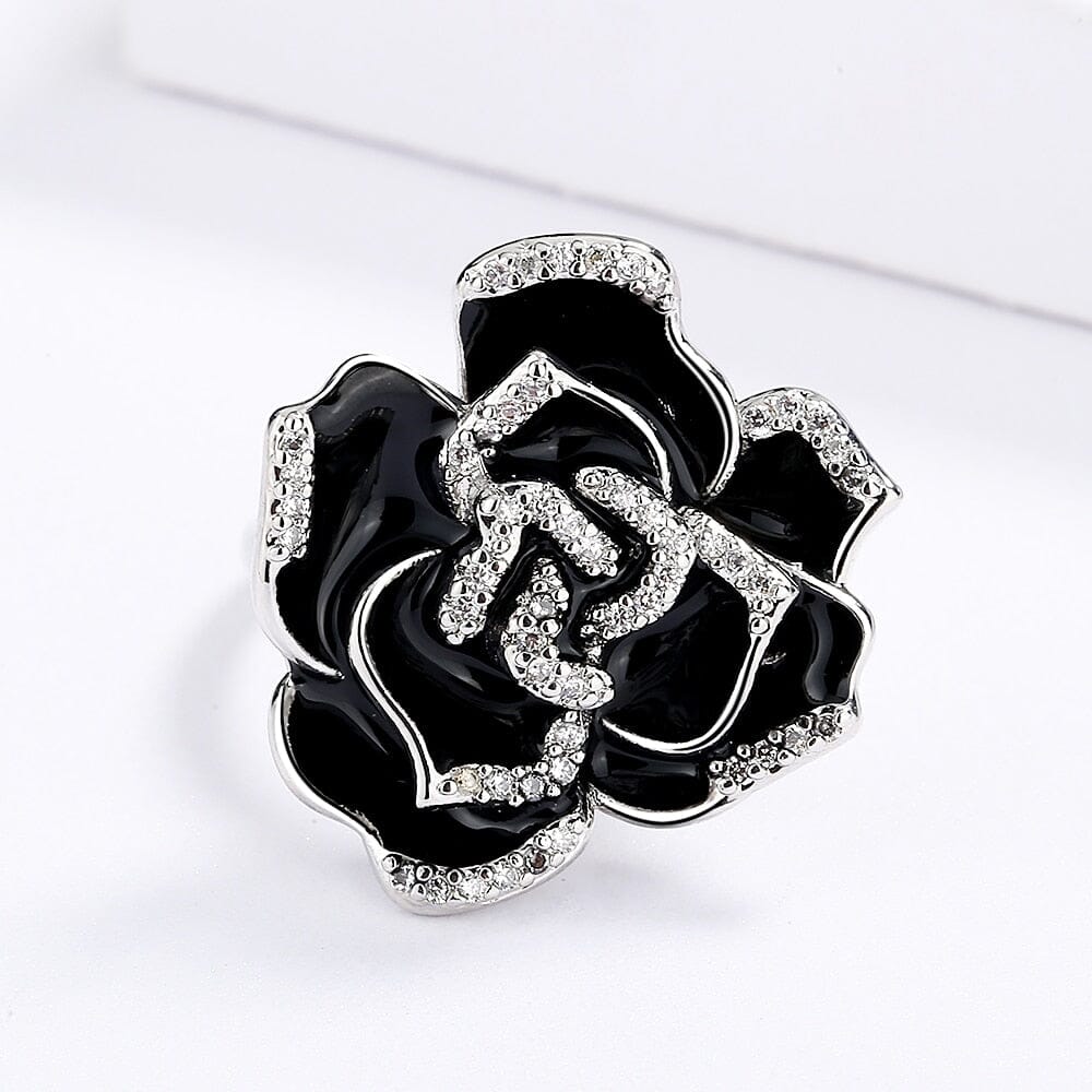 Elegant Unique Black Enamel Flower Ring - 925 Sterling SilverRing