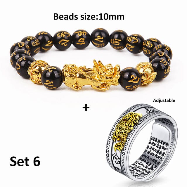 Wealth and Lucky Adjustable Ring and Beaded BraceletJewelry SetSet 6
