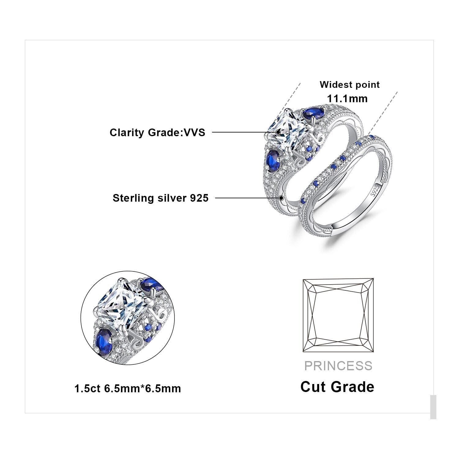 Simulated Diamond Created Sapphire Bridal Set - 925 Sterling SilverRing