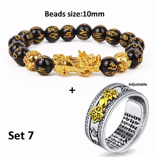Wealth and Lucky Adjustable Ring and Beaded BraceletJewelry SetSet 7