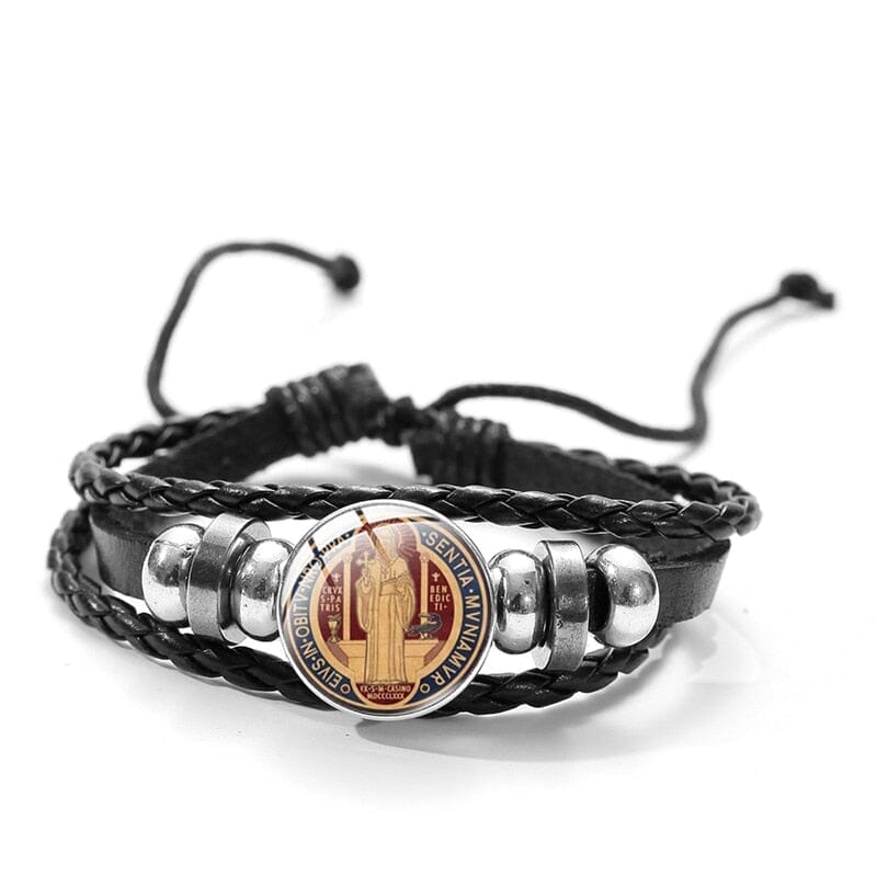 St. Benedict WWJD Medal Leather BraceletBraceletStyle 3