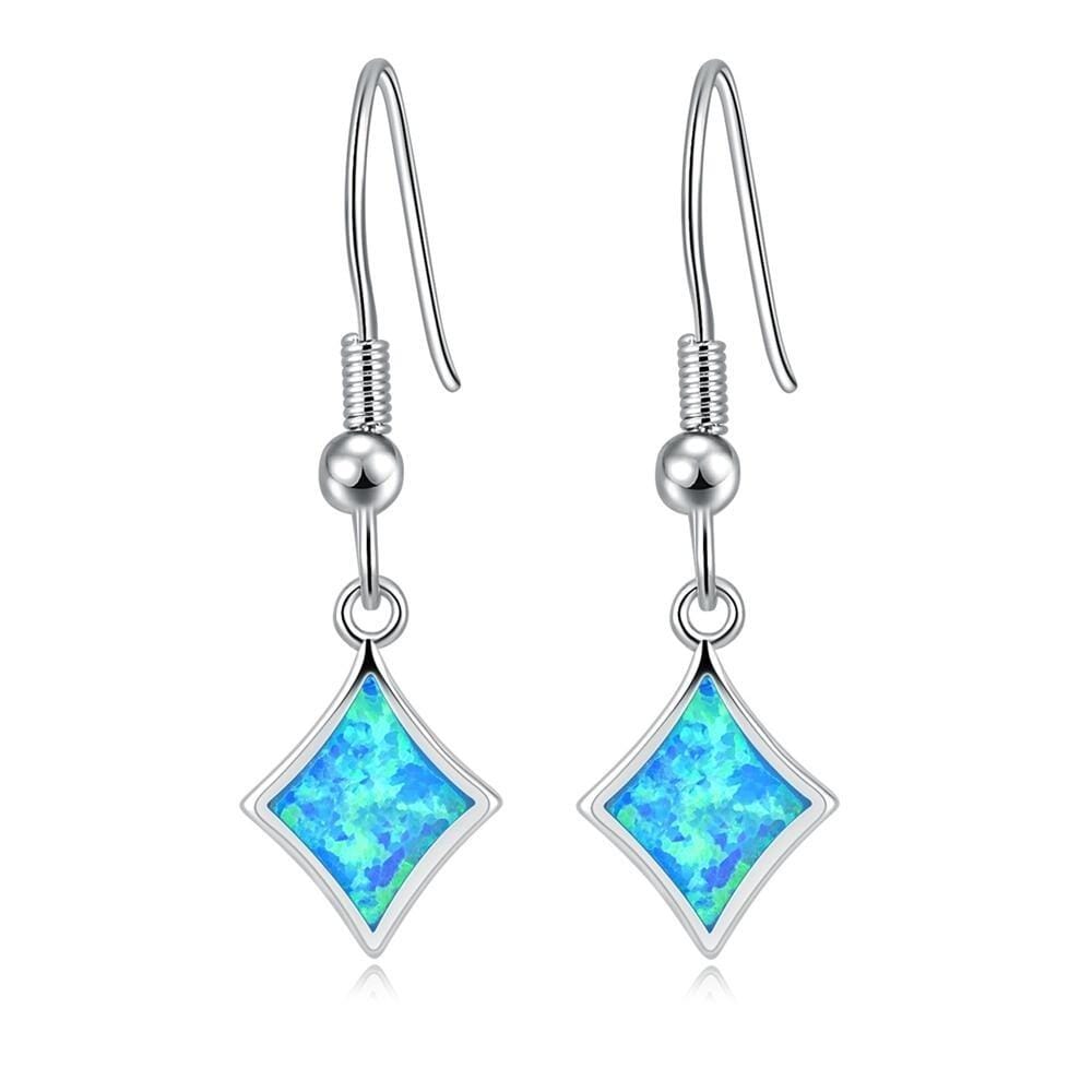 White Blue Rainbow Fire Opal Silver Earrings 1" - For WomenEarringsBlue