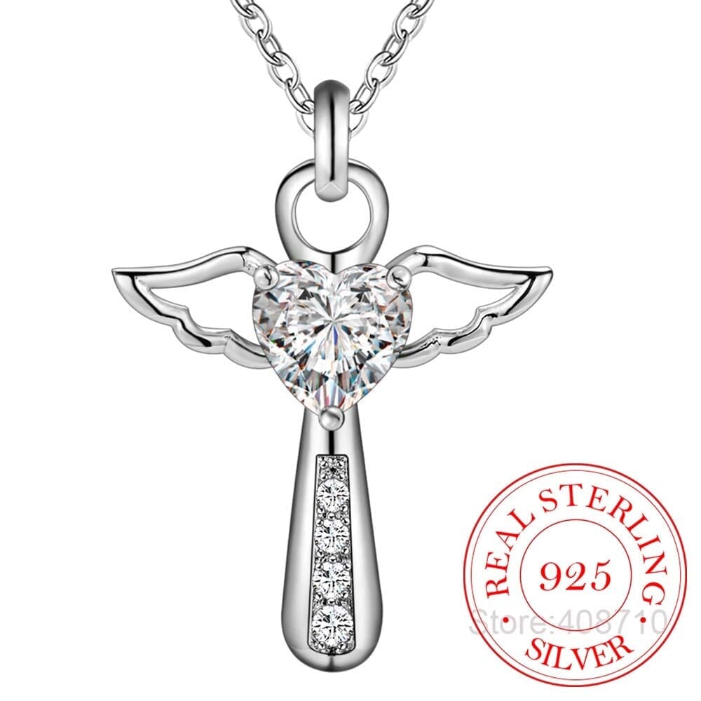 Genuine 925 Sterling Silver WWJD Angel Wings Heart Zirconia Pendant NecklaceNecklaceWhite45cm