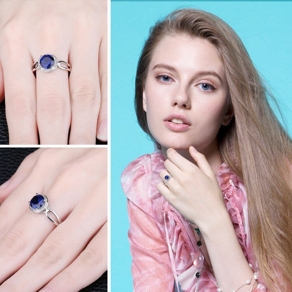 Fashion 1.8ct Created Blue Sapphire Halo Ring - 925 Sterling SilverRing