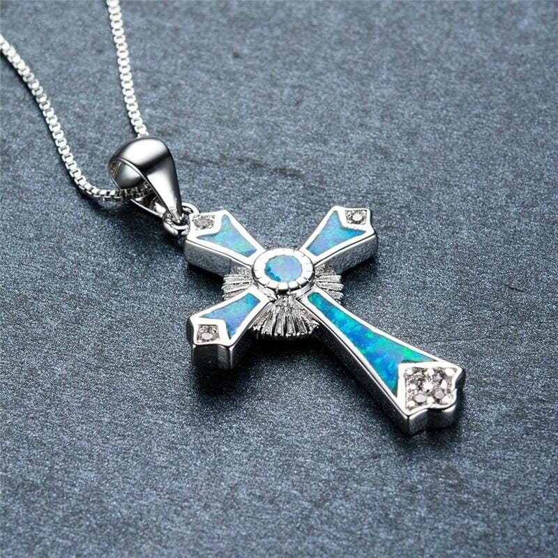 Charm Cross Blue Fire Opal NecklaceNecklace