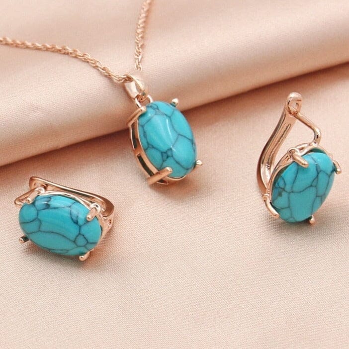 Fine Oval Egg-Shaped Synthetic Turquoise Jewelry Set - 585 Rose GoldEarringsRGBL48cm