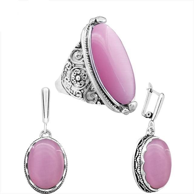 Fashionable Oval Opal Jewelry Set - Necklace, Earrings & RingJewelry SetEarring & Ring - Pink8