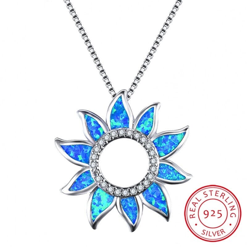 Cute Sunflower White/Blue Fire Opal Necklace - S925 Sterling SilverNecklaceBlue Opal Necklace