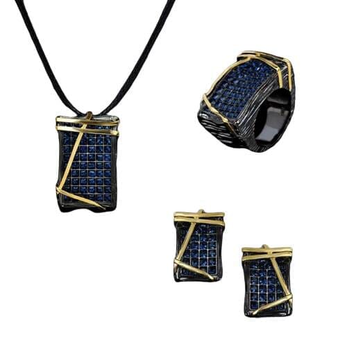 Blue Full Diamond Black Gold Jewelry SetRing