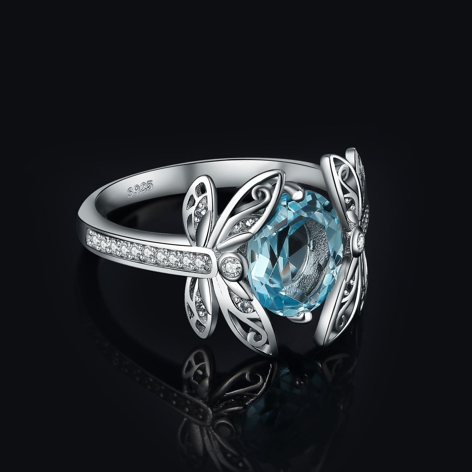Dragonfly 3.6ct Natural Blue Topaz Cocktail Ring - 925 Sterling SilverRing