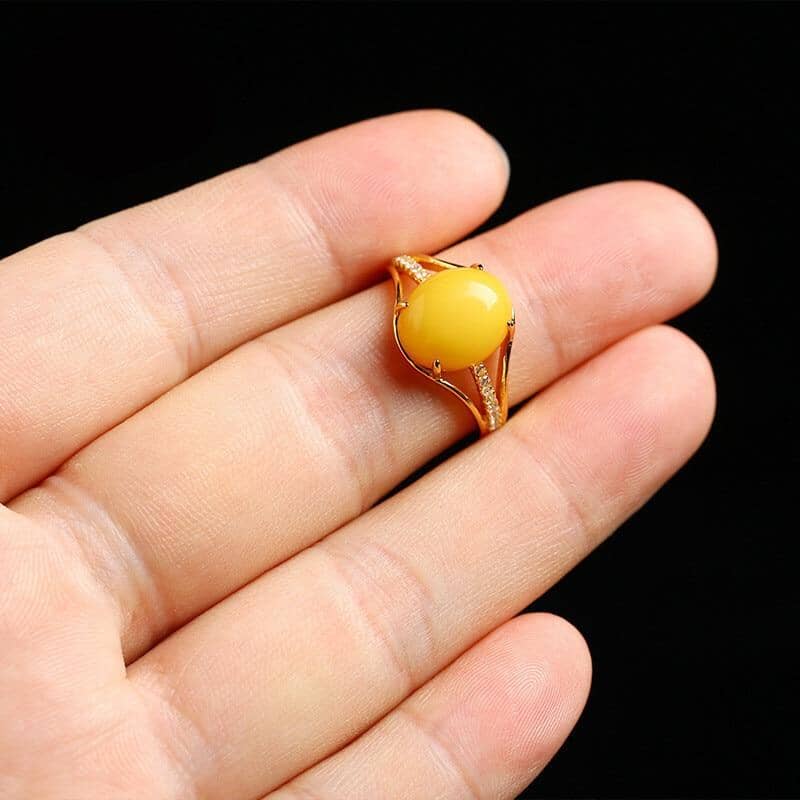 925 Sterling Silver Natural Yellow Amber Ring (Resizeable)Ring