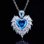 Luxury Temperament Design Angel Wing Simulated Aquamarine/ Amethyst Heart Necklace - 925 Sterling SilverNecklaceB