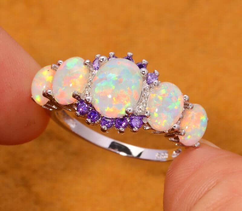 White Fire Opal Amethyst Silver RingRing