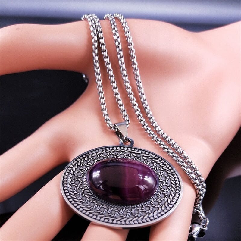 Stainless Steel Bohemia Oval Amethyst NecklaceNecklace