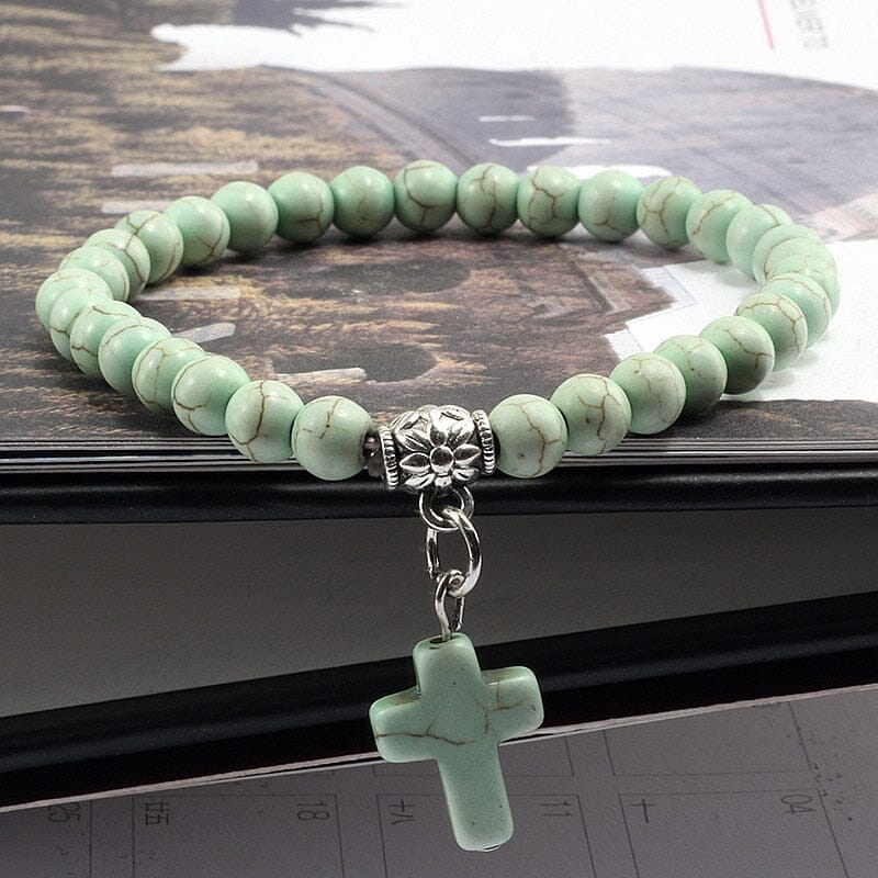 WWJD Vintage Cross Natural Stone 6mm Beads BraceletBraceletApple Green17cm