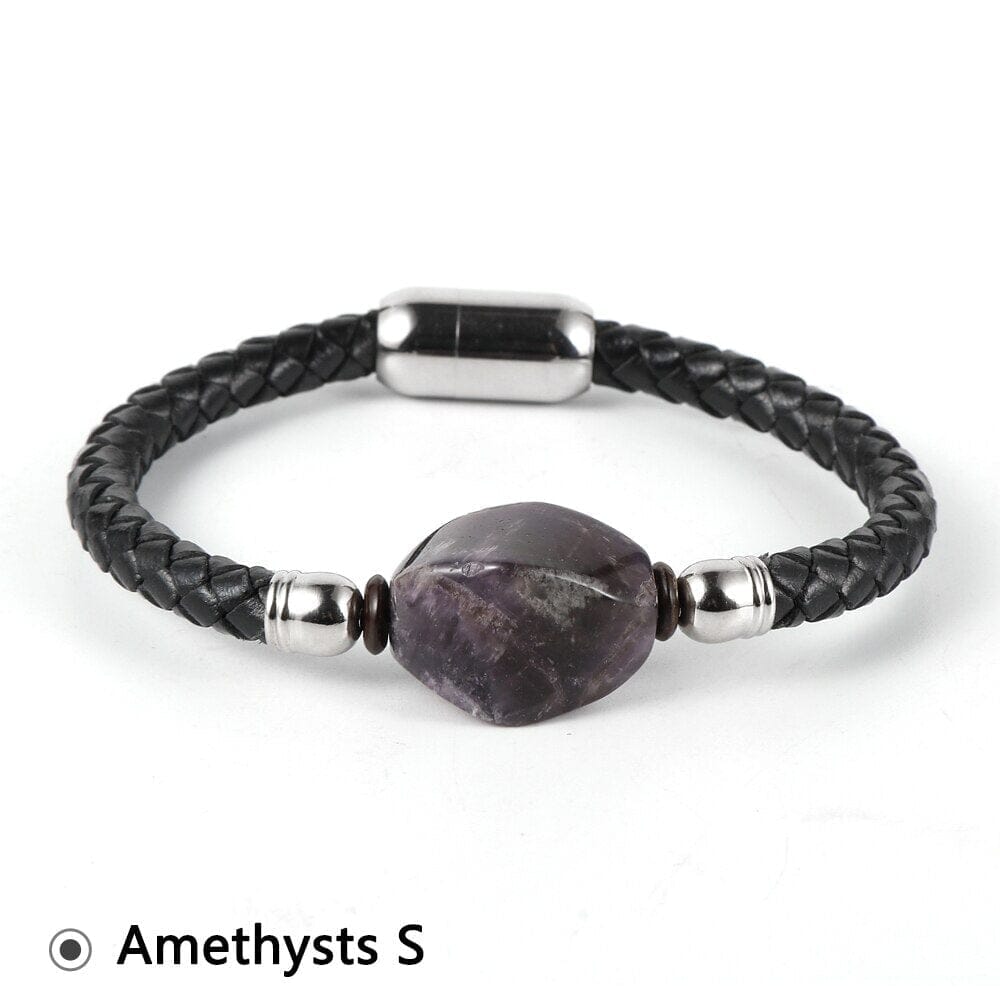 Tiger Eye and other Stones Genuine Leather Stainless Steel Buckle WristbandBraceletAmethysts S18cm