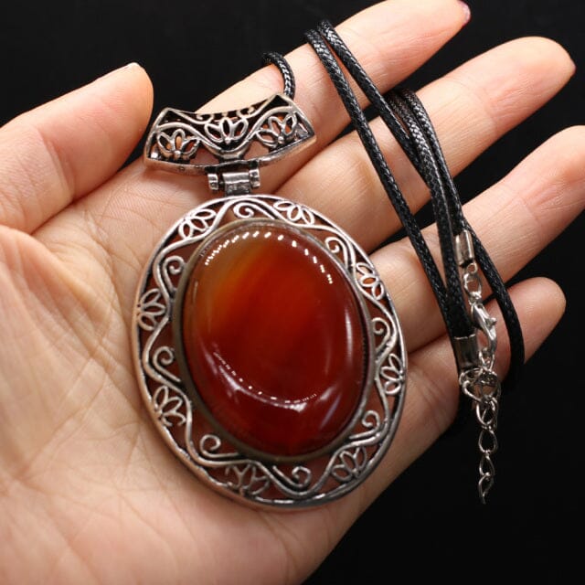 Natural Stone Oval Shape Pendant NecklaceHealing CrystalsRed Agate